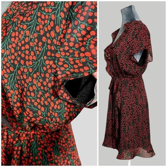 Bardot goth coquette cherry fruit print mini red & black ruffle party dress 12 - Picture 5 of 8